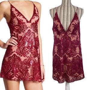 Free People Night Shimmer Raspeberry Sequined V Neck Mini Dress Size 8